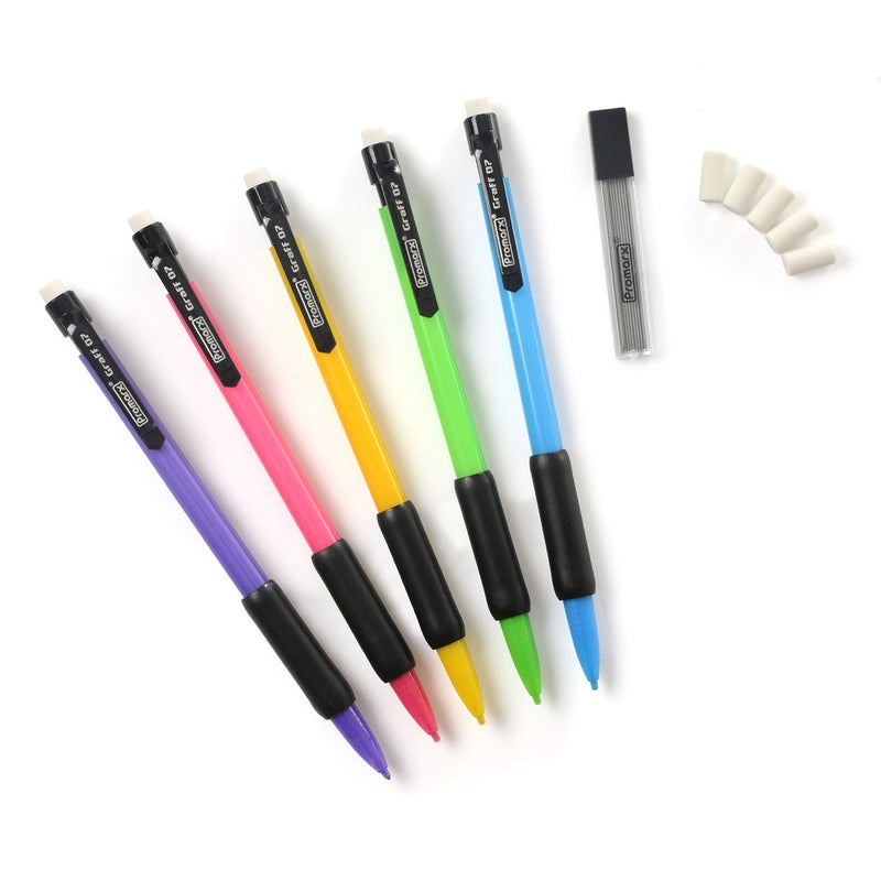 Promarx Graff 07 Mechanical Pencils with Comfort Grip, Extra Lead and Eraser Included, 0.7mm, Assorted Colors, 5 Count - Image 2